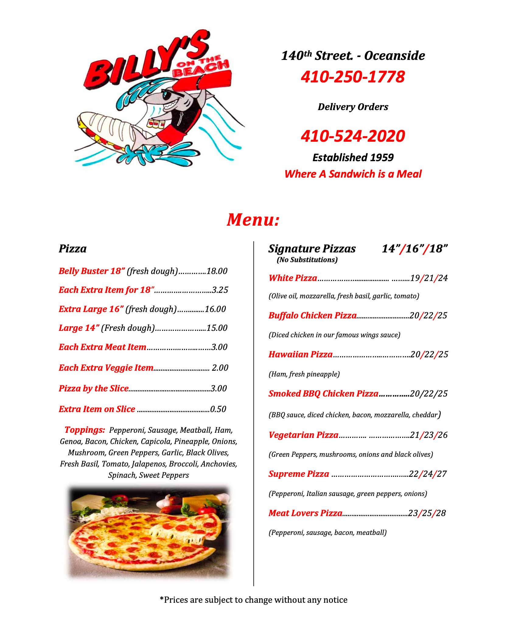 Billy's Pizza & Sub Menu