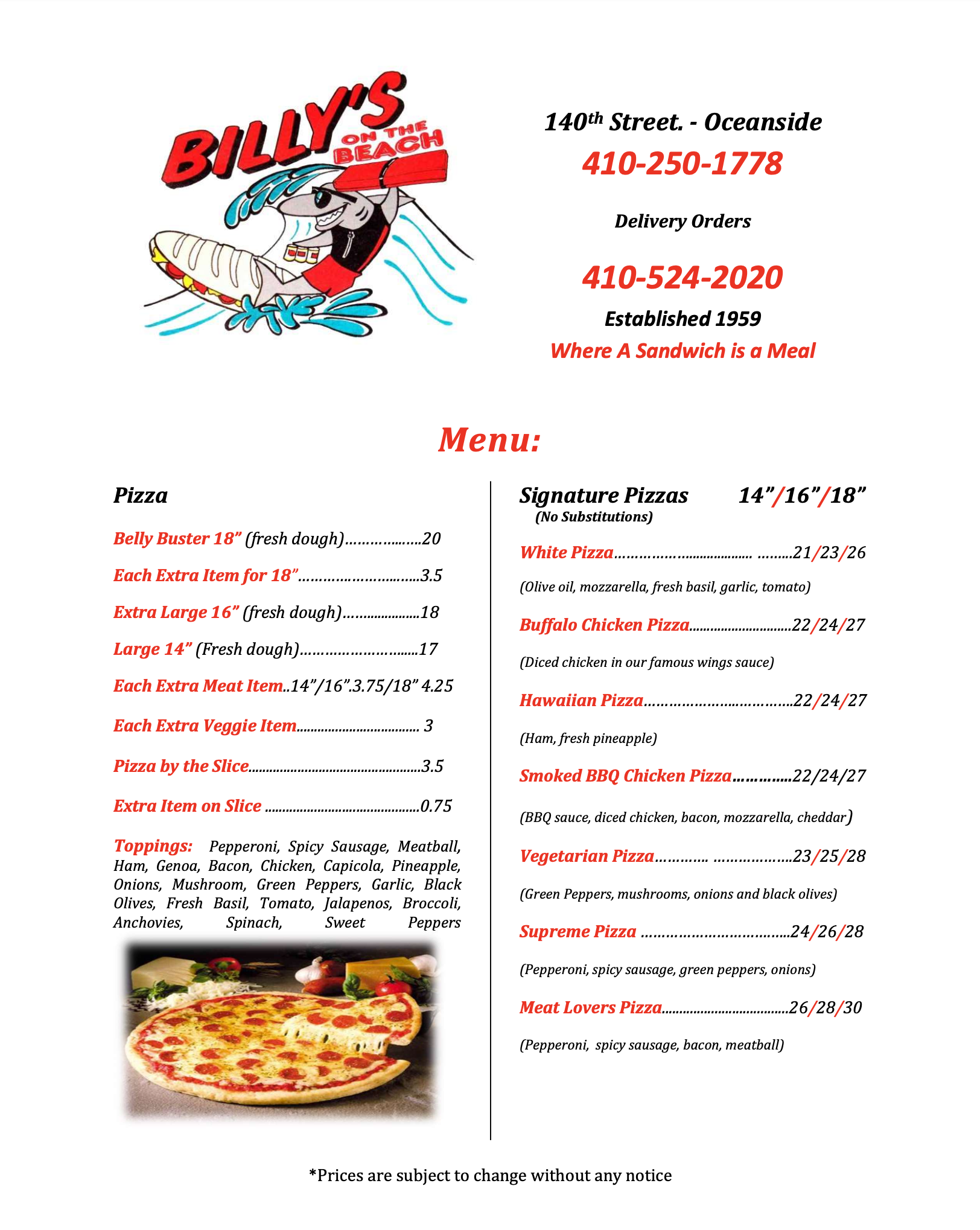 Billy's Pizza & Sub Menu