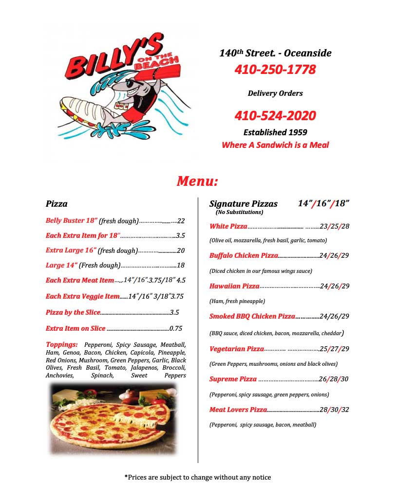 Billy's Pizza & Sub Menu